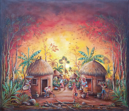 In the Village a painting from Africa Angu Walters