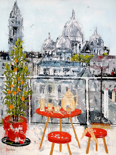 La petite terrasse à la table rouge et l'oranger. Jean-Pierre Borderie