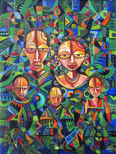 The Happy Family V - African painting Angu Walters