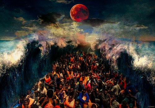 The crossing of the Red Blood Moon Sea        ( comes in antique hand built Florentine frame )   ( inspired by the story of Moses in the Bible ) Thomas Dellert