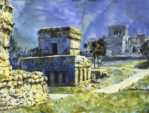 Tulum Mayan ruins in Mexico.  Watercolor painting of Mayan ruins in Tulum in Yucatan Peninsula- Mexico Ryan Fox