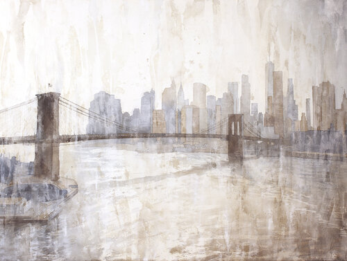 Brooklyn Bridge and skyscrapers of Manhattan at sunset in New York City- New York, USA.  Watercolor painting. Ryan Fox