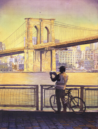 Brooklyn Bridge in New York City.  Watercolor painting of Brooklyn Bridge in NYC colorful artwork New York City skyline art Ryan Fox