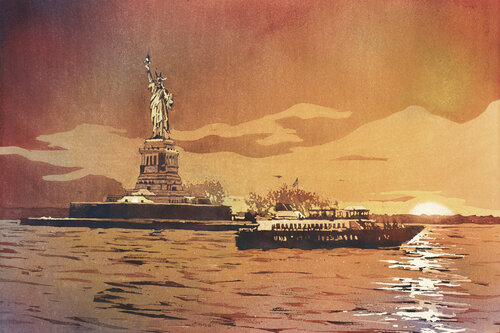 Statue of Liberty on Liberty Island at sunset- New York City, New York.  Watercolor painting Ryan Fox