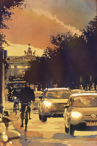 Watercolor painting of silhouette of Brandenburg Gate at sunset in the city of Berlin- Germany, Europe Ryan Fox