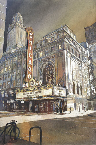 Chicago Theatre painting in downtown Chicago at sunset.  Fine art watercolor painting of Chicago Theatre, Illinois. Ryan Fox