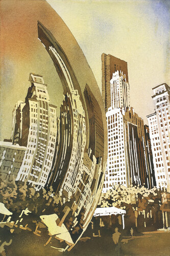 Watercolor painting of Cloud Gate (Chicago Bean) statue and skyscraper skyline in Millennium Park-  Chicago, Illinois (USA). Ryan Fox
