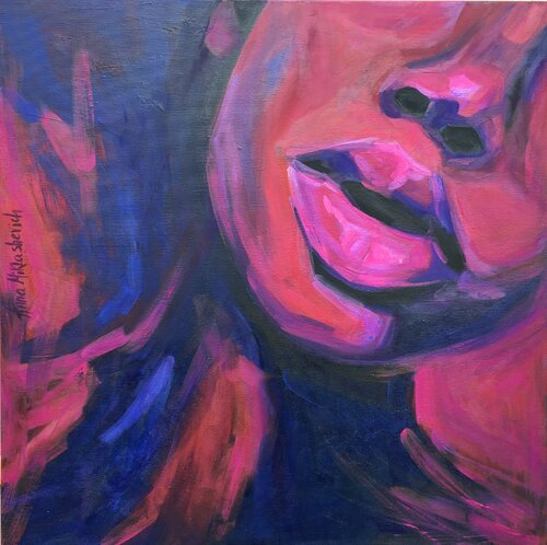 Contemporary Femininity: Expressionist Wall Art - Bold Purple Portrait of an Empowered Black Woman in Pink and Purple Anna Miklashevich