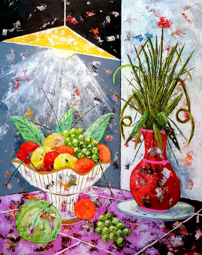 Corbeille de fruits et vase de fleurs. Jean-Pierre Borderie