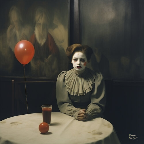 Lonely Woman feeling like a clown with her tomato juice Vava Venezia Dellert