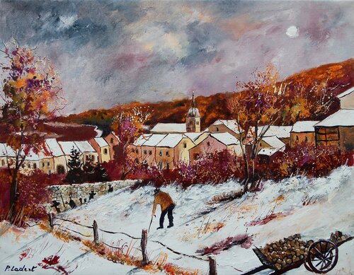 Snow in an old village with an old man going to the graveyard Pol Ledent