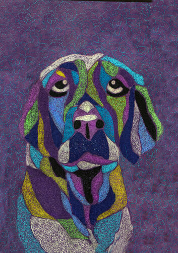 Blue Dog  free motion embroidery on silk Gallery Stretched Lucy Peterson Watkins