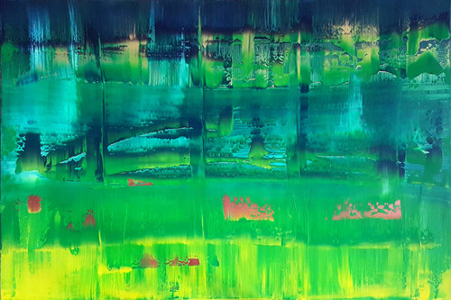 A bridge to other side - large green and golden abstract landscape Ivana Olbricht